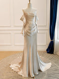 Glam Strapless Sheath Satin Long Prom Dresses, Champagne Formal Evening Dresses HZ1121