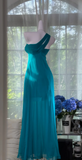 Vintage One-Shoulder Sheath Chiffon Long Prom Dresses, Turquoise Formal Evening Dresses HZ1121