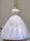 Classy Elegant Ball Gown Off The Shoulder White Long Satin Wedding Dresses Brides Dress HZ1214
