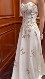 Elegant Sweetheart Sheath Satin Long Prom Dresses, White Floral Formal Dresses HZ1121