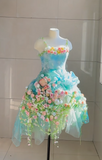 Fairy Spaghetti Strap Ball Gown 3D Floral Tulle Birthday Dresses Pale Blue Lolita Dress HZ1121
