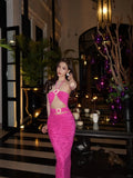 Sexy Halter Neck Sheath Evening Dresses Hot Pink Formal Dresses HZ1121