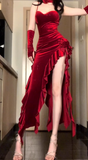 Sexy Spaghetti Strap Velvet Tight Evening Dresses Burgundy Formal Dresses Ruffle New Year's Evening Dresses with Slits HZ1121