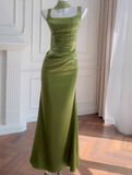 Glam Square Neck Sheath Evening Dresses Satin Green Wedding Guest Dresses HZ1121