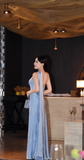 Elegant One Shoulder Sheath Long Evening Dresses, Satin Gray Blue Formal Dresses HZ1121