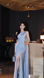 Elegant One Shoulder Sheath Long Evening Dresses, Satin Gray Blue Formal Dresses HZ1121