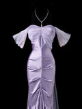 Glam Mermaid Long Prom Dresses, Satin Lavender Formal Dresses Off-the-shoulder Evening Dresses HZ1121
