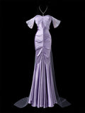 Glam Mermaid Long Prom Dresses, Satin Lavender Formal Dresses Off-the-shoulder Evening Dresses HZ1121