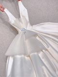 Unique Ball Gown V Neckline White Long Satin Wedding Dresses Brides Dress HZ1214