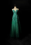 Fairy Spaghetti Strap Sheath Long Prom Dresses, Tulle Green Evening Dresses HZ1121