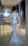 Glitter V neck Mermaid Mother of the Bride Dresses, Sequined Tulle Blue Evening Dresses HZ1121