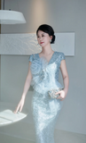 Glitter V neck Mermaid Mother of the Bride Dresses, Sequined Tulle Blue Evening Dresses HZ1121