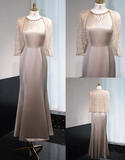 Elegant Jewel Mermaid Mother of the Bride Dresses with Cape, Light Brown Satin Evening Dresses HZ1121