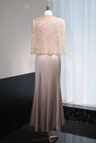 Elegant Jewel Mermaid Mother of the Bride Dresses with Cape, Light Brown Satin Evening Dresses HZ1121