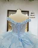 Cute Off Shoulder Ball Gowns Pale Blue Tulle Beaded Long Quinceanera Dress Formal Gowns Vestido De 15 Anos Sweet 16 Dress HZ1121