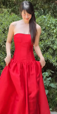 Elegant Strapless Ball Gown Satin Long Prom Dresses Sleeveless Evening Gown Red Formal Dresses HZ1121