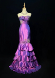 Glam Strapless Mermaid Long Prom Dresses Satin Sleeveless Evening Dress Purple Formal Dresses HZ1121