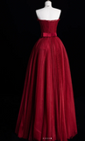 Gorgeous Strapless A-Line Long Prom Dresses Tulle Pleated Sleeveless Evening Dress Burgundy Formal Dresses HZ1121