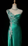 Vintage Sheath Long Evening Dresses Sleeveless Satin Formal Dresses One Shoulder Green Wedding Guest Dresses HZ1121