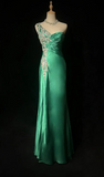 Vintage Sheath Long Evening Dresses Sleeveless Satin Formal Dresses One Shoulder Green Wedding Guest Dresses HZ1121