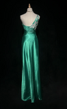 Vintage Sheath Long Evening Dresses Sleeveless Satin Formal Dresses One Shoulder Green Wedding Guest Dresses HZ1121