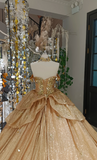 Cute Off-the-shoulder Ball Gown Sequins Long Prom Dresses Gold Quinceanera Dresses estido De 15 Anos Sweet 16 Dress HZ1121