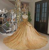 Cute Off-the-shoulder Ball Gown Sequins Long Prom Dresses Gold Quinceanera Dresses estido De 15 Anos Sweet 16 Dress HZ1121