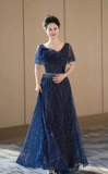 Elegant Sheath Navy Blue Mother of the Bride Dress Tulle Sequins Evening Gown HZ1121