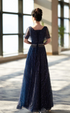 Elegant Sheath Navy Blue Mother of the Bride Dress Tulle Sequins Evening Gown HZ1121