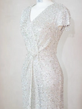 Elegant V neck Sheath Evening Dresses Net Sequin Silver Mother of the Bride Dress HZ1121