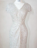 Elegant V neck Sheath Evening Dresses Net Sequin Silver Mother of the Bride Dress HZ1121