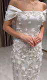Classic Off-the-shoulder Sheath White Wedding Guest Dresses Satin Beaded Applique Evening Gowns HZ1121