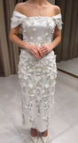Classic Off-the-shoulder Sheath White Wedding Guest Dresses Satin Beaded Applique Evening Gowns HZ1121