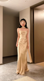 Elegant Strapless Sheath Wedding Guest Dresses Gold Strapless Formal Dress Satin Sleeveless Evening Gowns HZ1121