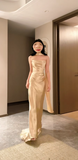 Elegant Strapless Sheath Wedding Guest Dresses Gold Strapless Formal Dress Satin Sleeveless Evening Gowns HZ1121