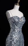 Elegant Spaghetti Straps Mermaid Long Prom Dresses Silver Sequin Formal Dresses Sleeveless Evening Dresses HZ1121