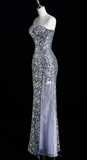 Elegant Spaghetti Straps Mermaid Long Prom Dresses Silver Sequin Formal Dresses Sleeveless Evening Dresses HZ1121