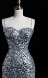Elegant Spaghetti Straps Mermaid Long Prom Dresses Silver Sequin Formal Dresses Sleeveless Evening Dresses HZ1121