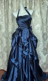 Vintage Halter A-Line Long Prom Dresses Satin Navy Blue Formal Dresses Sleeveless Evening Dresses HZ1121