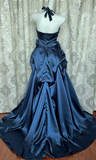 Vintage Halter A-Line Long Prom Dresses Satin Navy Blue Formal Dresses Sleeveless Evening Dresses HZ1121