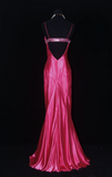 Elegant Spaghetti Strap Sheath Long Prom Dresses Satin Hot Pink Formal Dresses Sleeveless Evening Dresses HZ1121