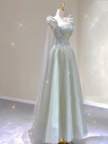 Pretty A Line Scoop Sleeveless Long Beads Tulle Prom Dresses Evening Dresses HZ1214