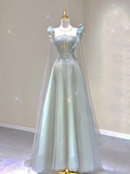 Pretty A Line Scoop Sleeveless Long Beads Tulle Prom Dresses Evening Dresses HZ1214