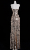 Elegant Spaghetti Strap Sheath Long Prom Dresses Sequins Champagne Evening Dresses HZ1121