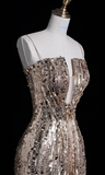 Elegant Spaghetti Strap Sheath Long Prom Dresses Sequins Champagne Evening Dresses HZ1121