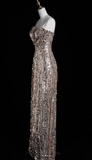 Elegant Spaghetti Strap Sheath Long Prom Dresses Sequins Champagne Evening Dresses HZ1121
