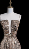 Elegant Spaghetti Strap Sheath Long Prom Dresses Sequins Champagne Evening Dresses HZ1121