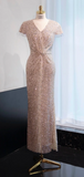 Elegant Sheath Evening Dress Sequins Champagne Gold Mother of the Bride Dresses Short Sleeves Guest Dresses HZ1121