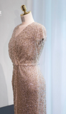 Elegant Sheath Evening Dress Sequins Champagne Gold Mother of the Bride Dresses Short Sleeves Guest Dresses HZ1121