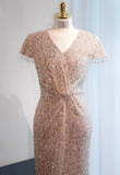 Elegant Sheath Evening Dress Sequins Champagne Gold Mother of the Bride Dresses Short Sleeves Guest Dresses HZ1121